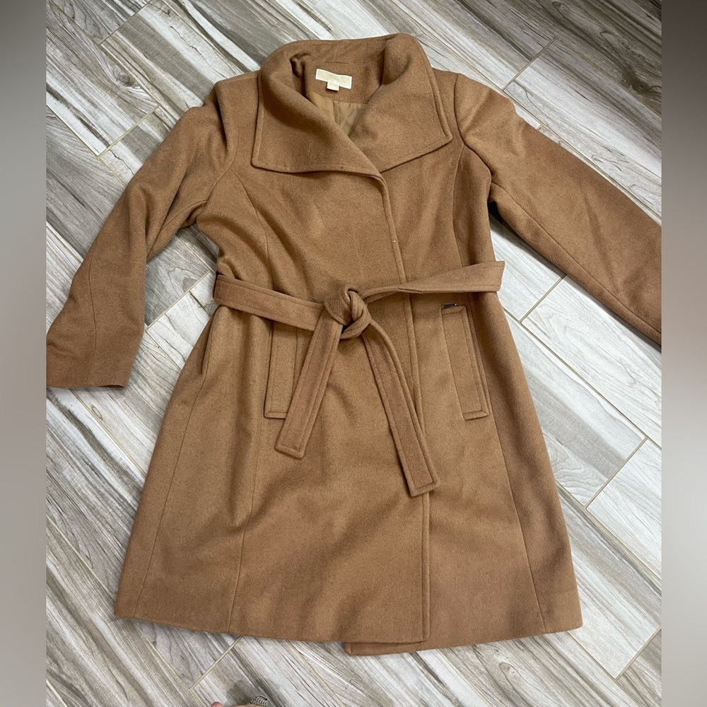 Michael Kors wool camel coat with tie belt